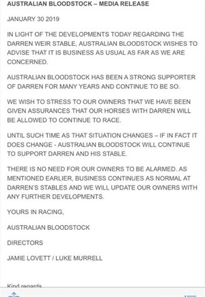 AUSTRALIAN BLOODSTOCK'S STATEMENT TO ITS OWNERS © Racing.com