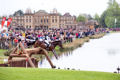 Chris Burton and Graf Liberty in front of Badminton House. The pair had an unfortunate run-out on course - © Ginette Snow