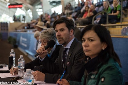 Danish FEI 5* judge Hans-Christian Matthiesen officiates at the 2016 Sydney CDI Young Horse classes. © Franz Venhaus