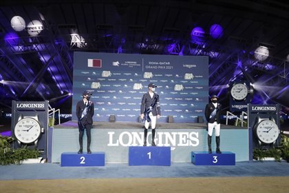 LGCT of DOHA Prize giving ceremony From L to R Lorenzo de Luca, Niels Bruynseels , Eric Lamaze, DOHA, Al Shaqab 6 March 2021 © Stefano Grasso LGCT