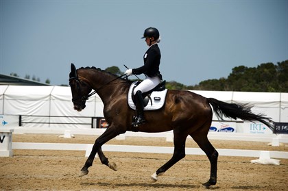 Maddi Growcott and BZ Flynn riding to second place in the Charlies Cookies Medium Freestyle. © Nicci Growcott