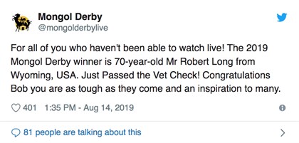 Mongol Derby tweet