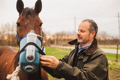 Laurent Couëtil uses an equine nebulizer to administer treatment for asthma. © Purdue University photo/Rebecca Wilcox