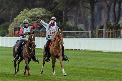 Salem Hamad Saeed Malhoof and Haleh (left), an Australian bred mare, crosses the finish line alongside Al Farasi Mansour Saeed Mohd and Birmann Aya.